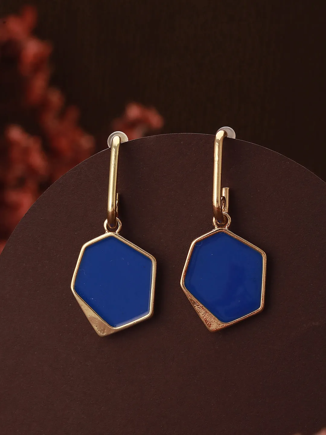 Gold-Toned Blue & Yellow Stone-Studded Contemporary Drop Earrings