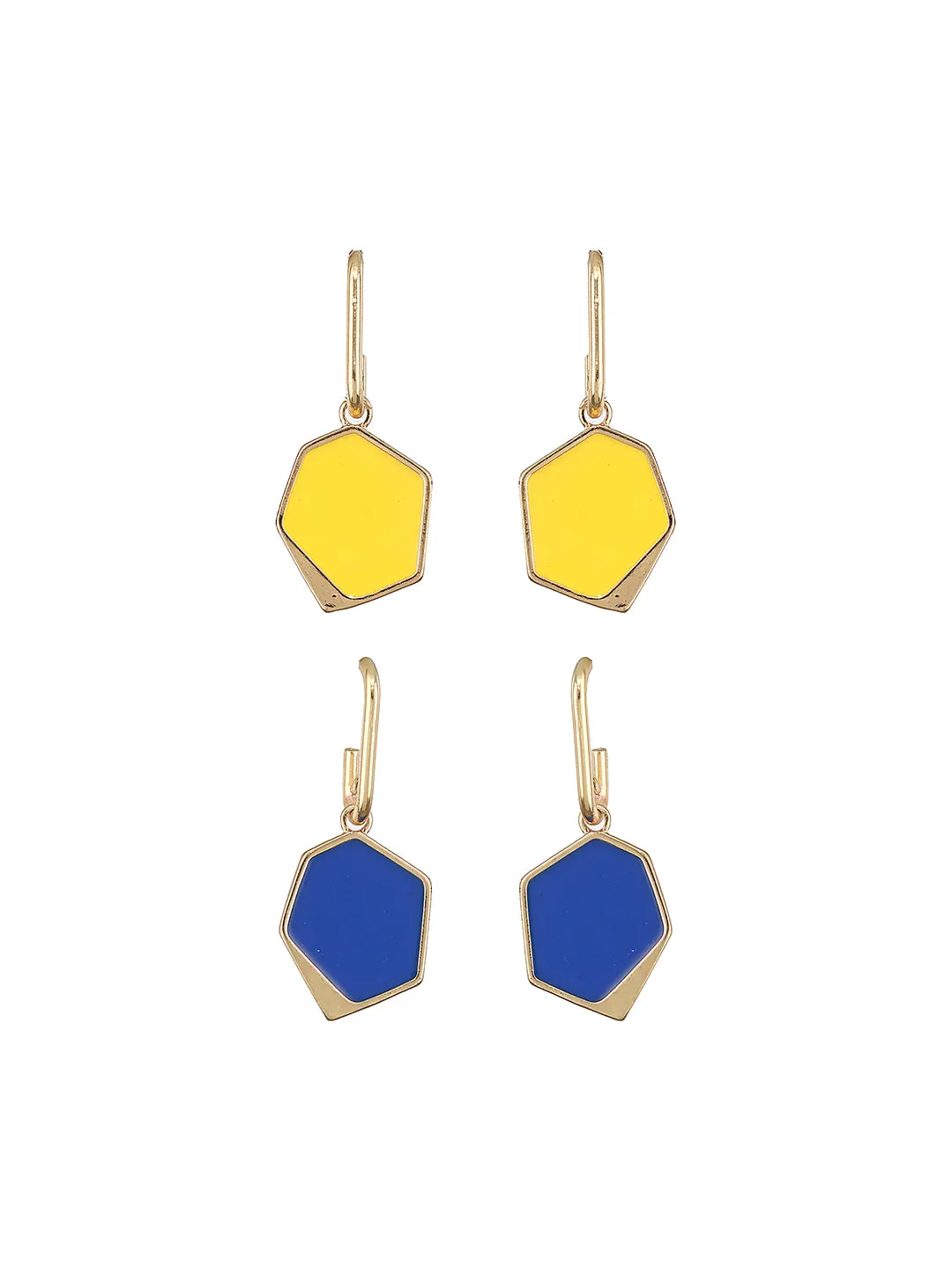 Gold-Toned Blue & Yellow Stone-Studded Contemporary Drop Earrings