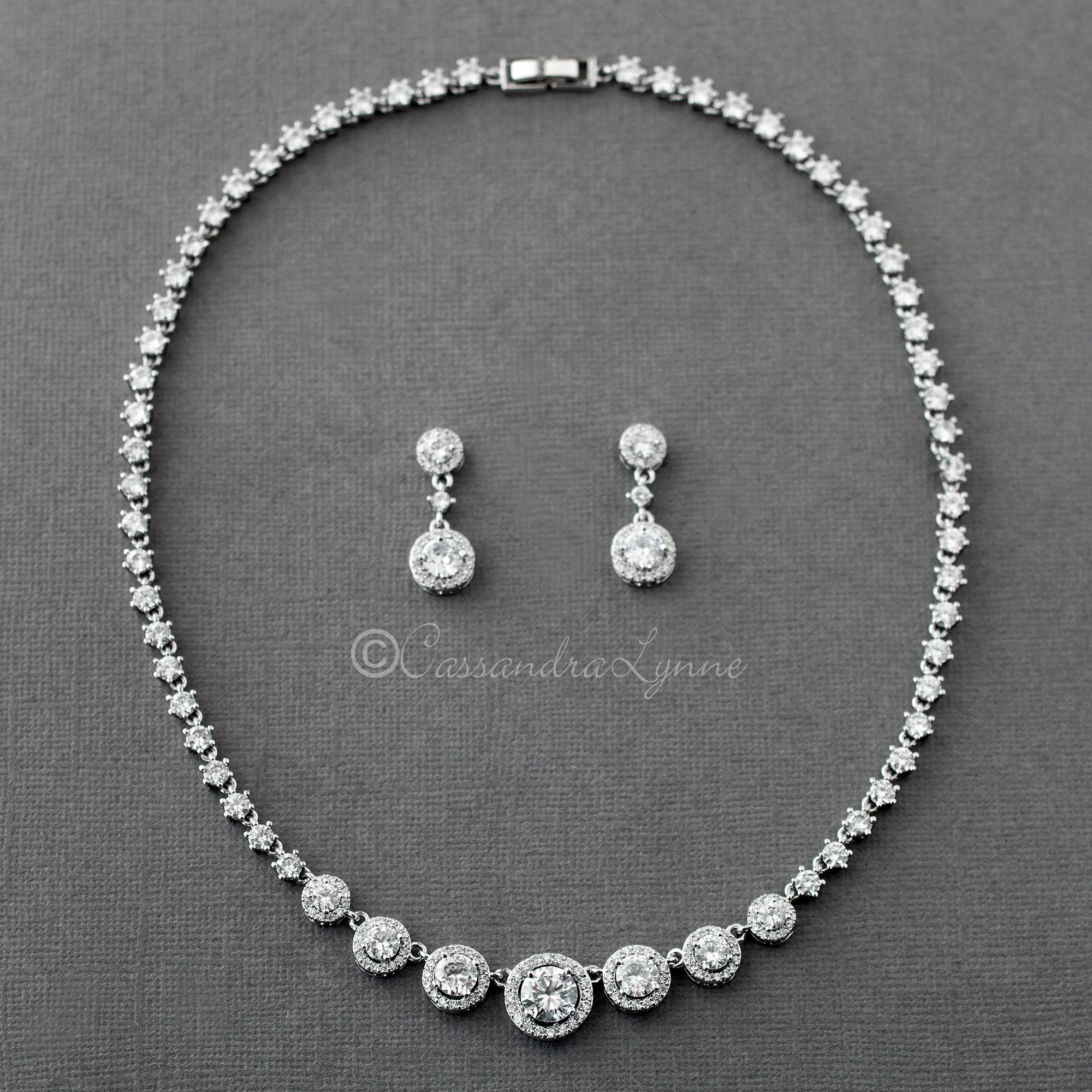 Halo Circles CZ Bridal Necklace and Earrings