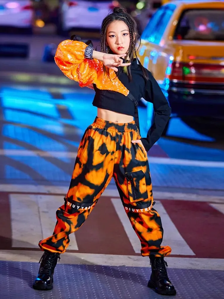 #HH115 Hip Hop Dance Costumes Orange Sequins Sleeved Top- Loose Pants- Street Performance Costume