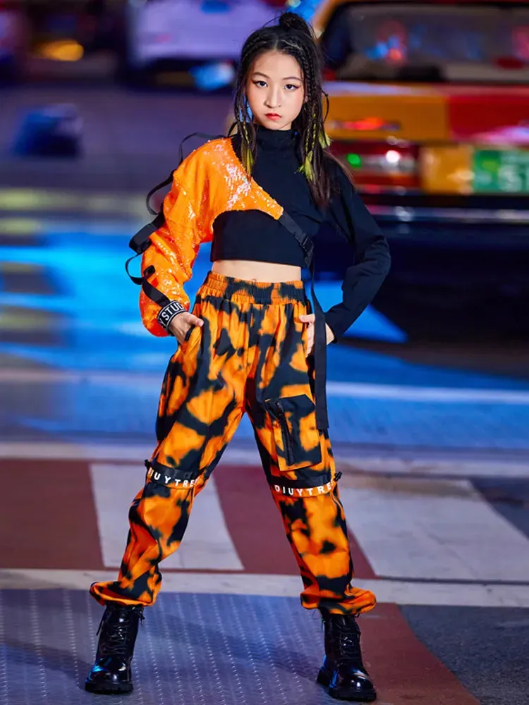 #HH115 Hip Hop Dance Costumes Orange Sequins Sleeved Top- Loose Pants- Street Performance Costume