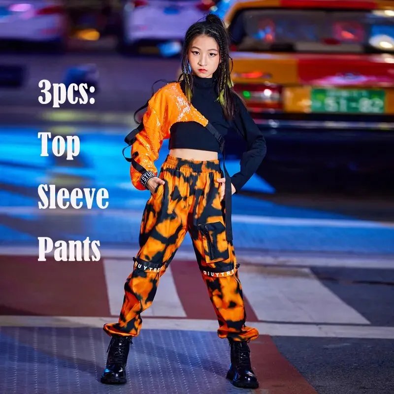 #HH115 Hip Hop Dance Costumes Orange Sequins Sleeved Top- Loose Pants- Street Performance Costume