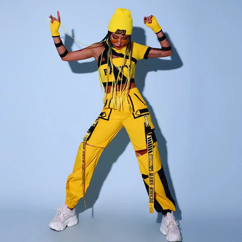 HH8188 Hip Hop Dancewear- Stage Costume -Streetwear-Yellow Cargo Pants and  Crop Top-
Hat with wig Not included.