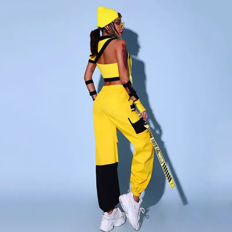 HH8188 Hip Hop Dancewear- Stage Costume -Streetwear-Yellow Cargo Pants and  Crop Top-
Hat with wig Not included.