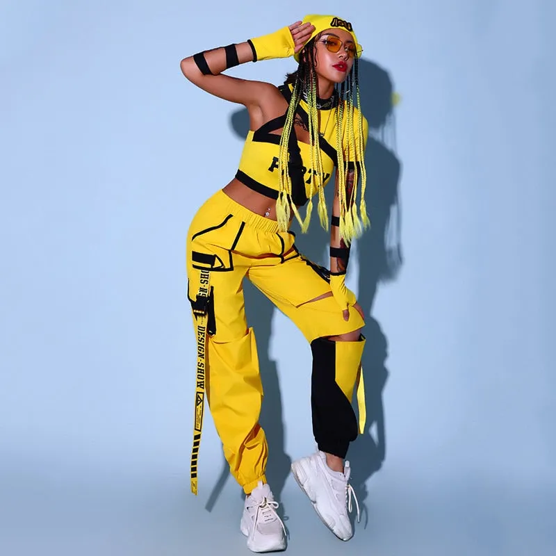 HH8188 Hip Hop Dancewear- Stage Costume -Streetwear-Yellow Cargo Pants and  Crop Top-
Hat with wig Not included.