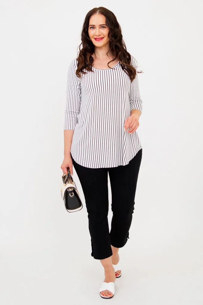 Jazz 3/4 Slv Top, White/Black Small Stripe, Bamboo - Final Sale