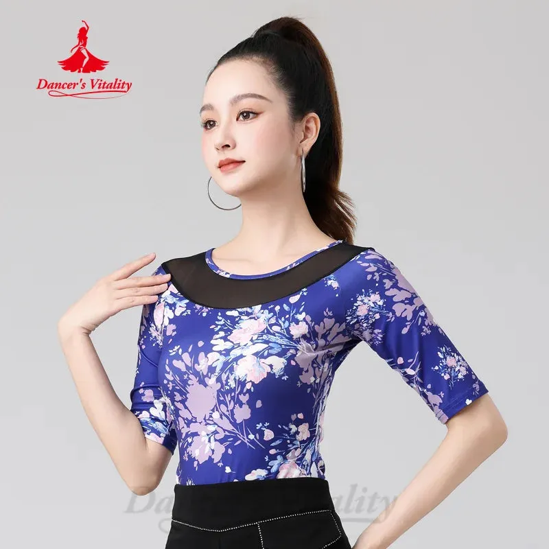 Latin Dance Advanced Printed Half Sleeved Top Women's Chacha Tango Samba Professional Practice Clothes Adult Modern Dancing Tops