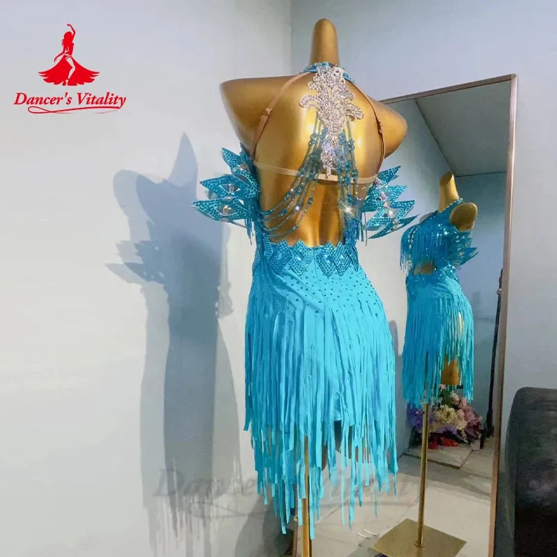 Latin Dance Competition Dresses customization Luxury AB Stones Tassel dress Tango Chacha Samba professional performance costume