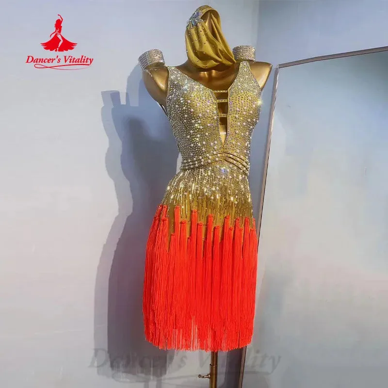 Latin Dance Competition Dresses Customized Exquisite Pearl Full Diamond Tassel Dress Women Tango Rumba Samba Performance Costume