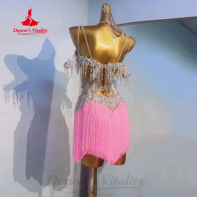 Latin Dance Competition Dresses Women's Customized Luxury Water Diamond Exquisite Pearl Tassel Dress Chacha Performance Costume