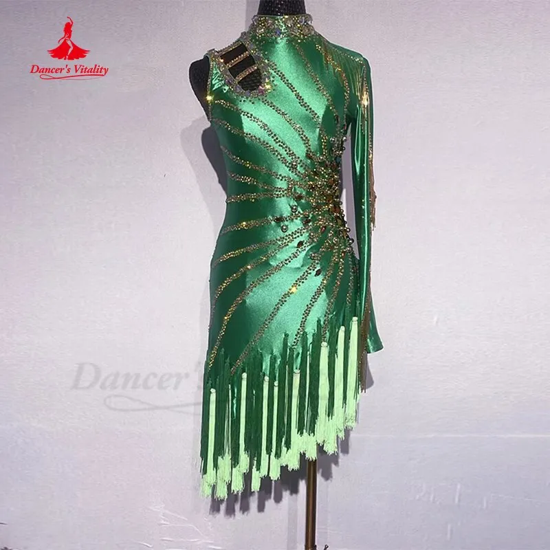 Latin Dance Competition Suit Green Diamond Performance Costume Adult Female Rumba Chacha Tango Latin Dance Black Pool Dresses