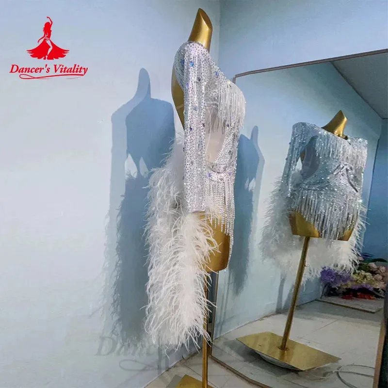 Latin Dance Competition Uniform Senior Luxury Rhinestone Feather Tassel Dress Tango Samba Rumba Professional Performance Costume