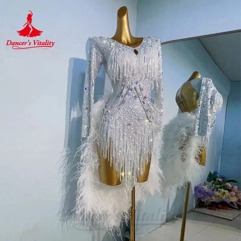 Latin Dance Competition Uniform Senior Luxury Rhinestone Feather Tassel Dress Tango Samba Rumba Professional Performance Costume