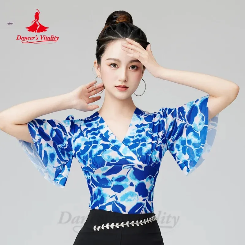 Latin Dance Costume Customization V-neck Trumpet Sleeve Top for Adult Women Tango Cha Cha Samba Professional Practice Clothes