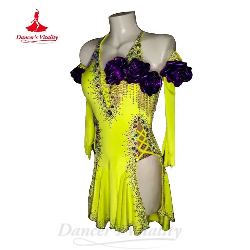 Latin Dance Costume Customized Senior AB Stones Sexy Backless Dress for Adult Children Tango Chacha Samba Performance Clothing