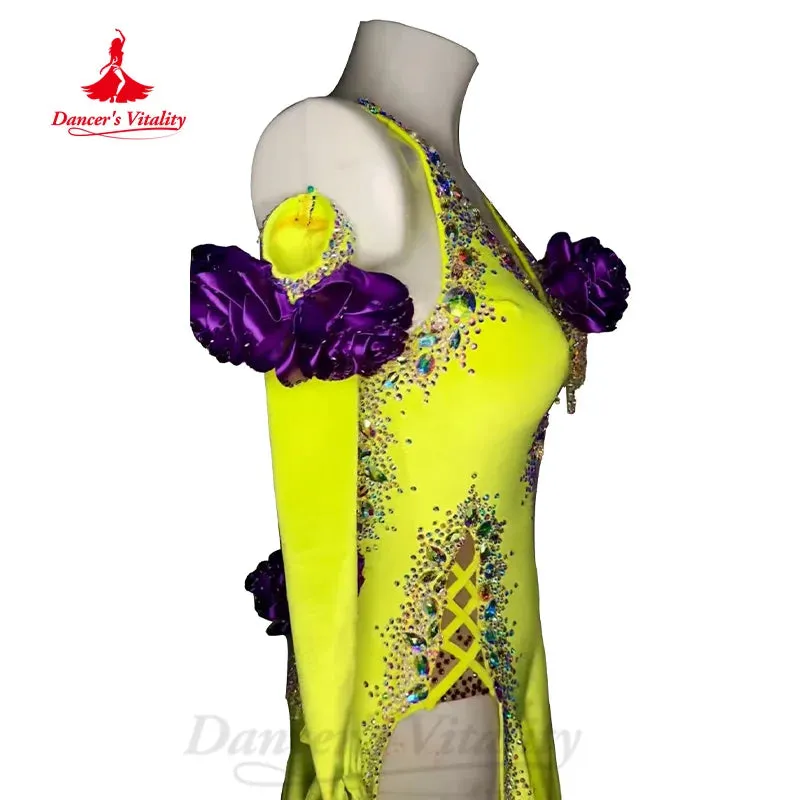 Latin Dance Costume Customized Senior AB Stones Sexy Backless Dress for Adult Children Tango Chacha Samba Performance Clothing