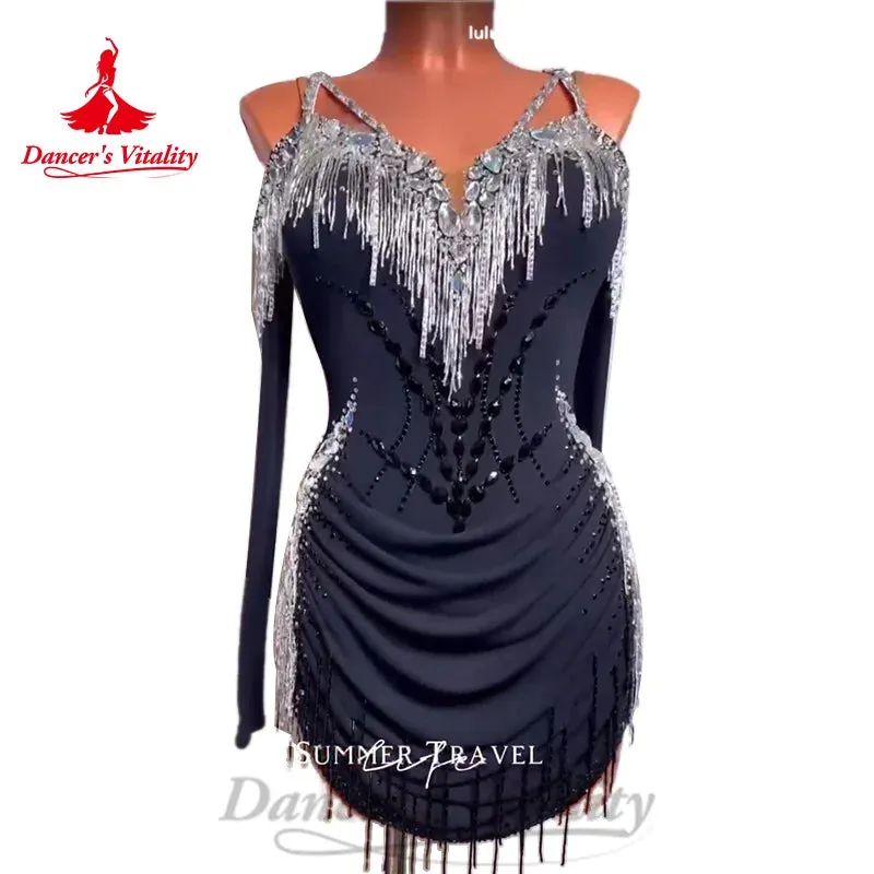 Latin Dance Costumes Customized Long Sleeved Rhinestone Tassel Dress Women's Tango Chacha Samba Professional Performance Costume