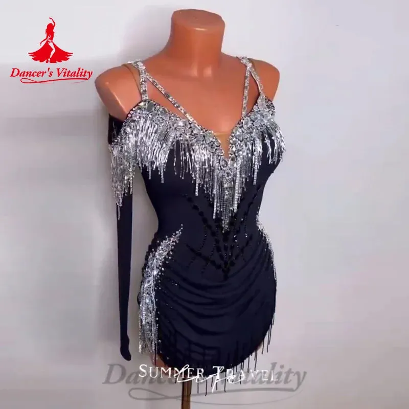 Latin Dance Costumes Customized Long Sleeved Rhinestone Tassel Dress Women's Tango Chacha Samba Professional Performance Costume