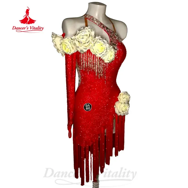 Latin Dance Costumes Customized Luxury Rhinestone Flowers Tassel Dress for Adult and Children Tango Chacha Performance Clothing