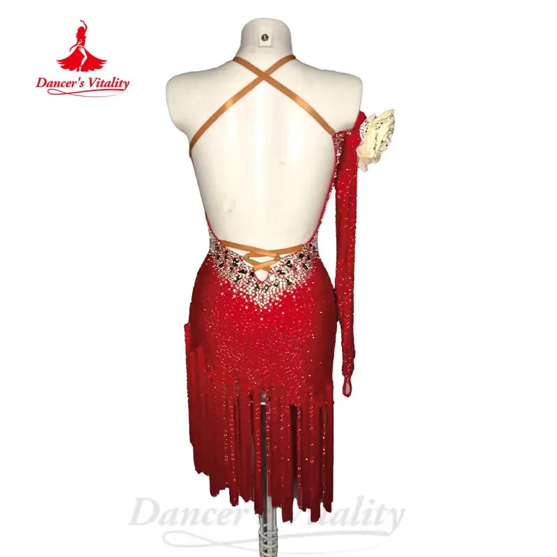 Latin Dance Costumes Customized Luxury Rhinestone Flowers Tassel Dress for Adult and Children Tango Chacha Performance Clothing