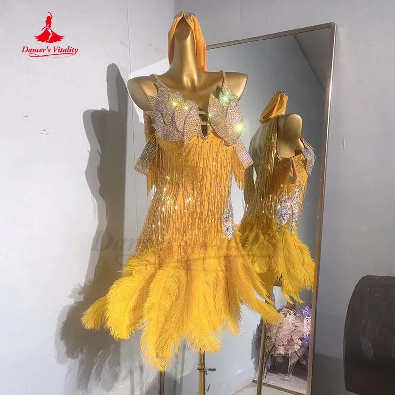 Latin Dance Dress for Women Senior Full AB Stones Dancing Costume Customsized Children Adult Rumba Chacha Latin Fringe Dress