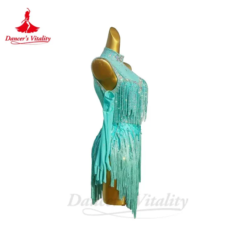 Latin Dance Dress for Women Spandex Senior AB Stones Rumba Chacha Tango Performance Competiton Clothing Latin Tassel Dresses