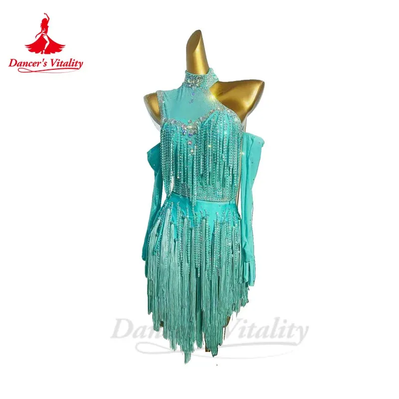 Latin Dance Dress for Women Spandex Senior AB Stones Rumba Chacha Tango Performance Competiton Clothing Latin Tassel Dresses