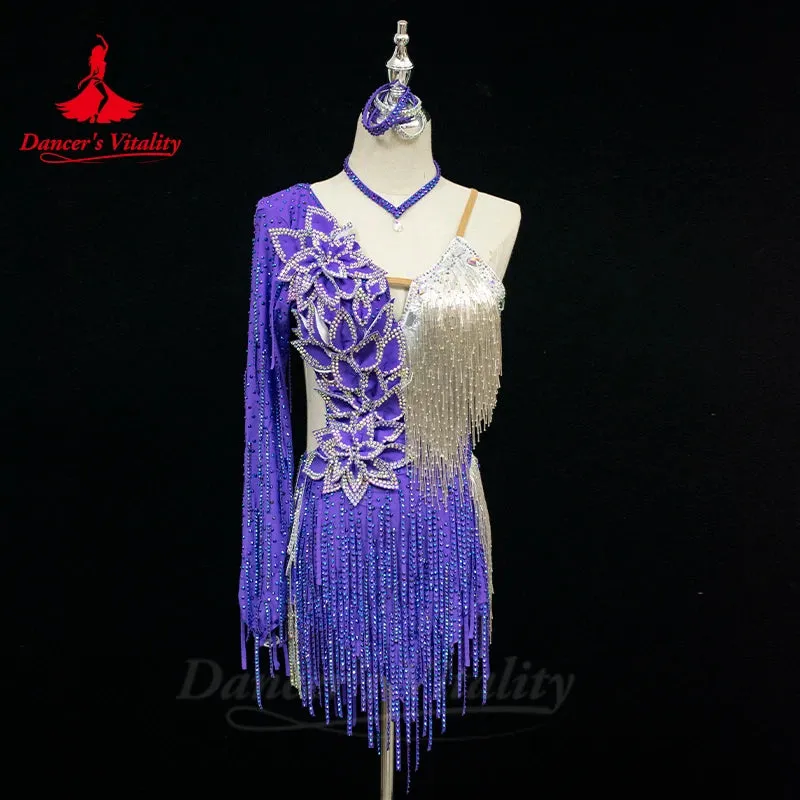 Latin Dance Dress Women Customsized High-end Single Sleeves Spandex Rumba Chacha Tango Skirt Costume Girl's Latin Fringe Dress