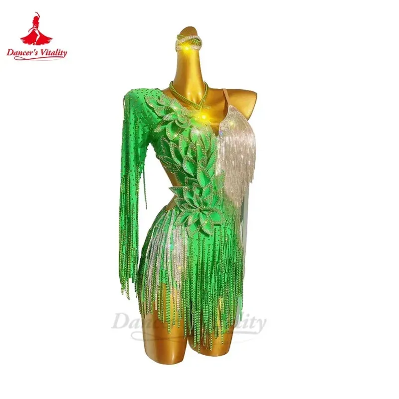 Latin Dance Dress Women Customsized High-end Single Sleeves Spandex Rumba Chacha Tango Skirt Costume Girl's Latin Fringe Dress