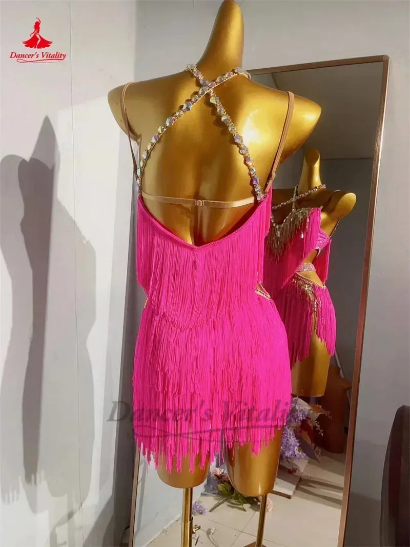 Latin Dance Fringe Dress Women Customsized Senior AB Stones Performance Clothing Tango Chacha Latin Dancing Professional Dresses