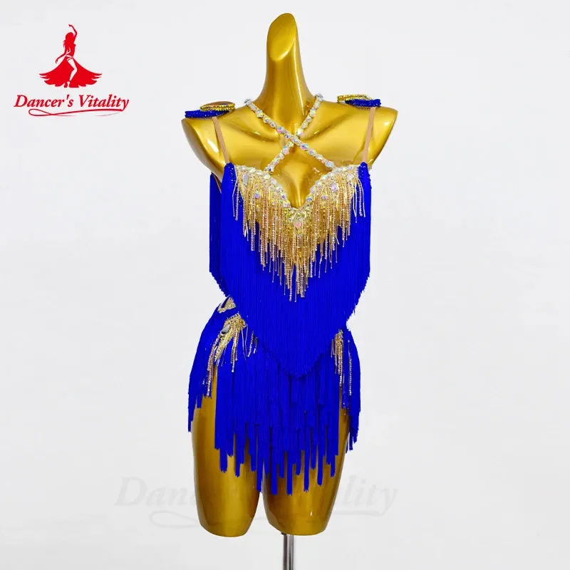 Latin Dance Fringe Dress Women Customsized Senior AB Stones Performance Clothing Tango Chacha Latin Dancing Professional Dresses