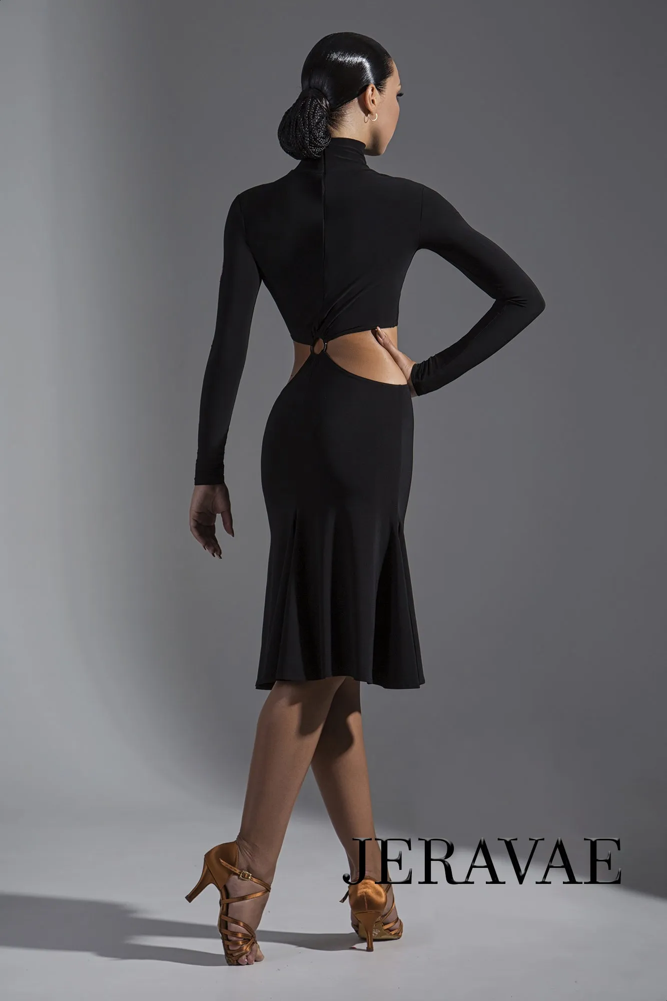 Long Sleeve Two-Piece Latin Practice Dress with Multiple Skirt Color Options and Ring Detail on Front PRA 397