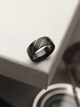 Men Platinum-Striped Black Stainless Steelâ Finger Ring