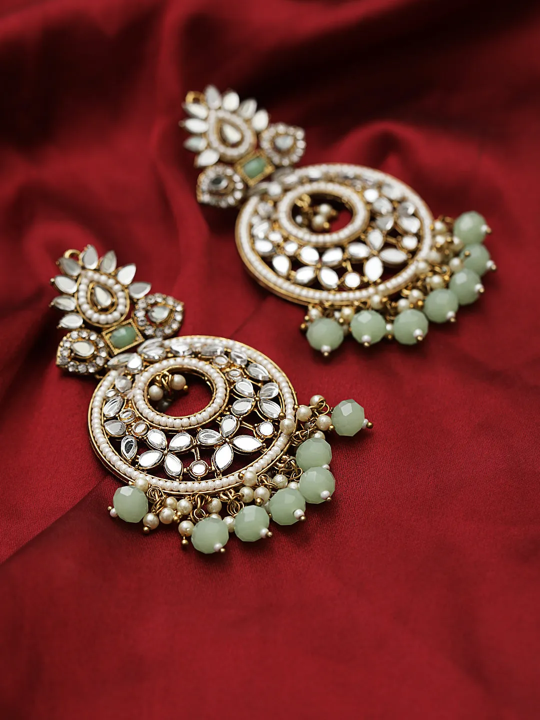 Mint Green Gold-Plated Stone Studded & Beaded Crescent Shaped Chandbalis Earrings