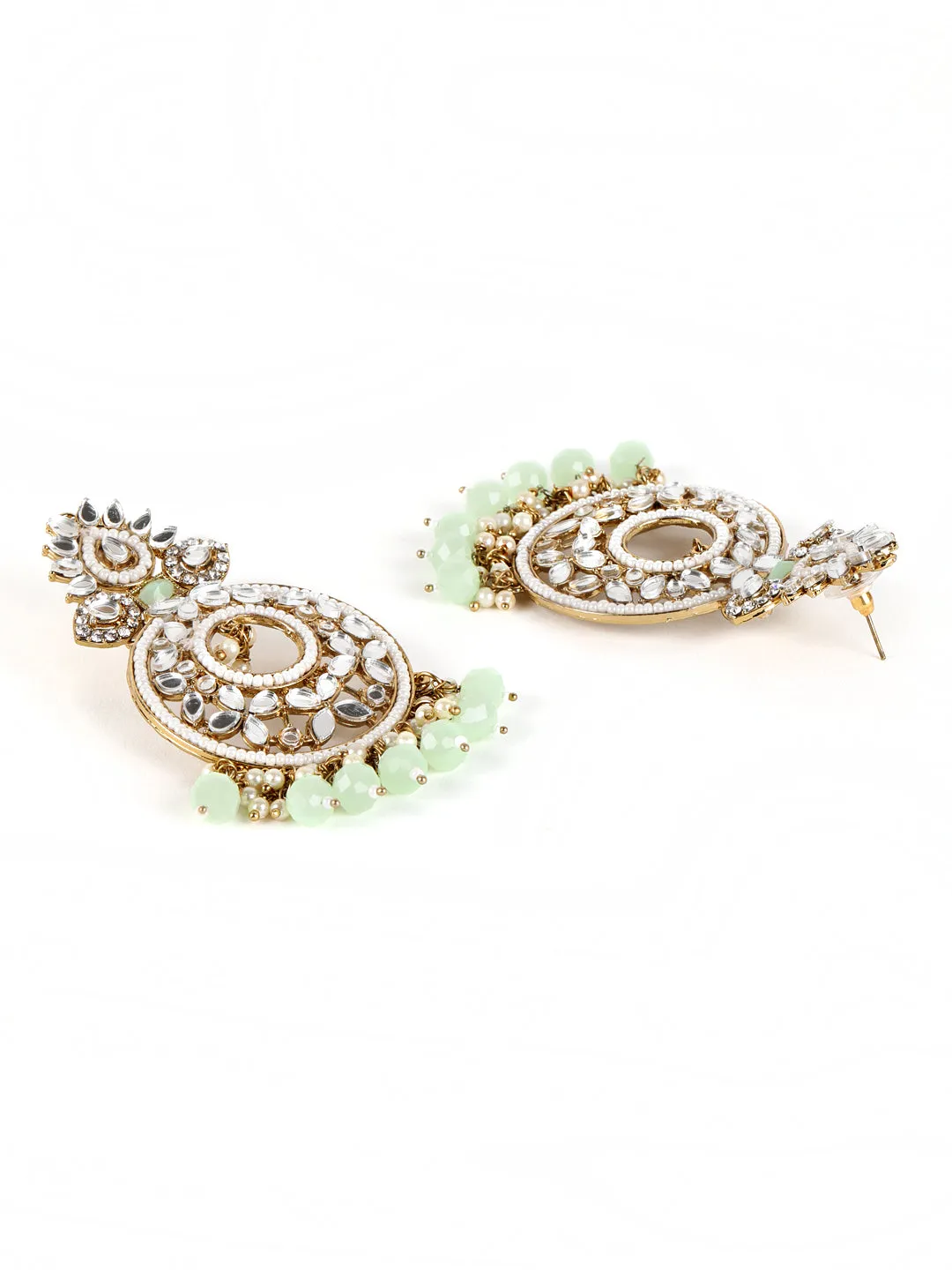 Mint Green Gold-Plated Stone Studded & Beaded Crescent Shaped Chandbalis Earrings