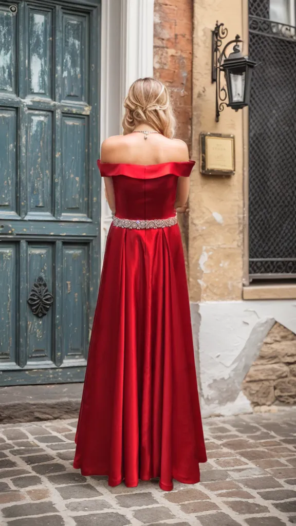 Off-shoulder Ruby Red A-line Japanese Soft Satin Prom Dress with Crystal Beaded Sash