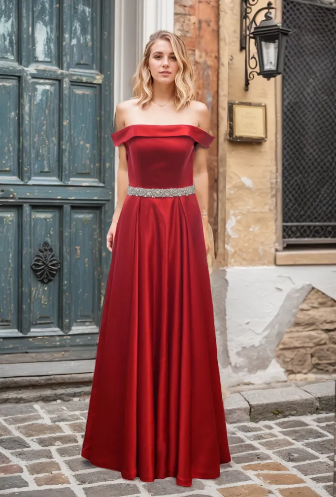 Off-shoulder Ruby Red A-line Japanese Soft Satin Prom Dress with Crystal Beaded Sash