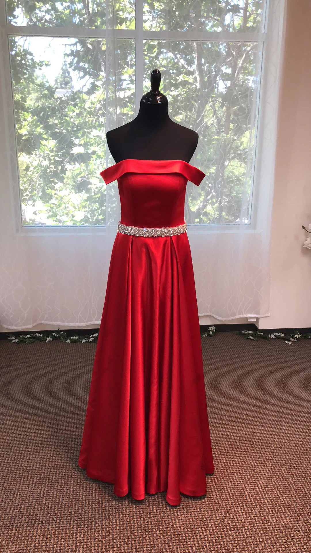 Off-shoulder Ruby Red A-line Japanese Soft Satin Prom Dress with Crystal Beaded Sash