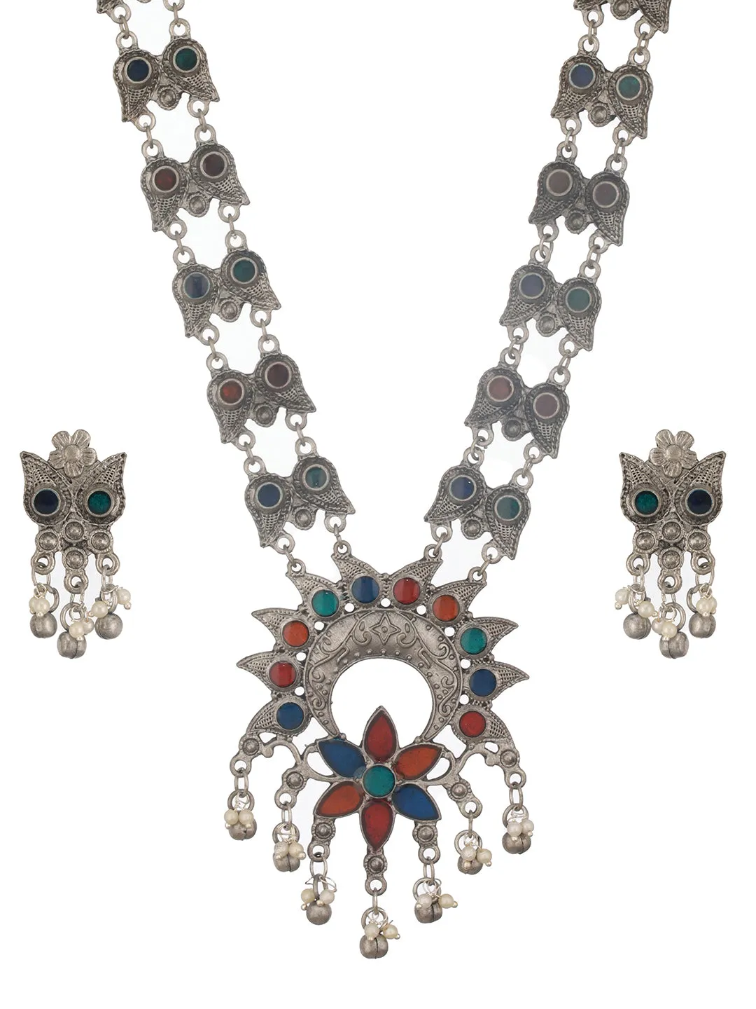 Oxidized Silver-Plated & Ghungroo Beaded Floral Jewelry Set (Copy)