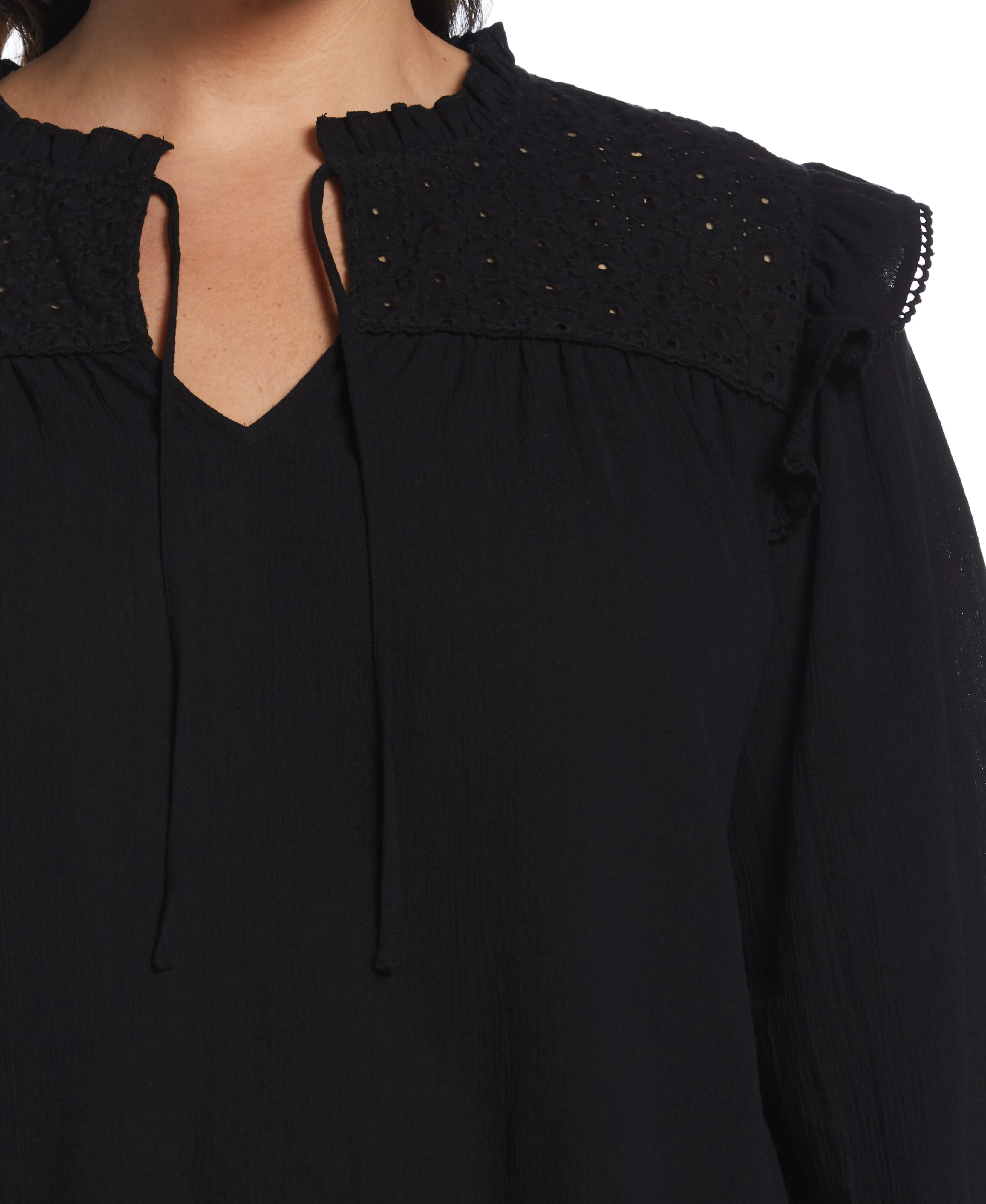 Plus Size Eyelet Yoke Ruffle Gauze Blouse