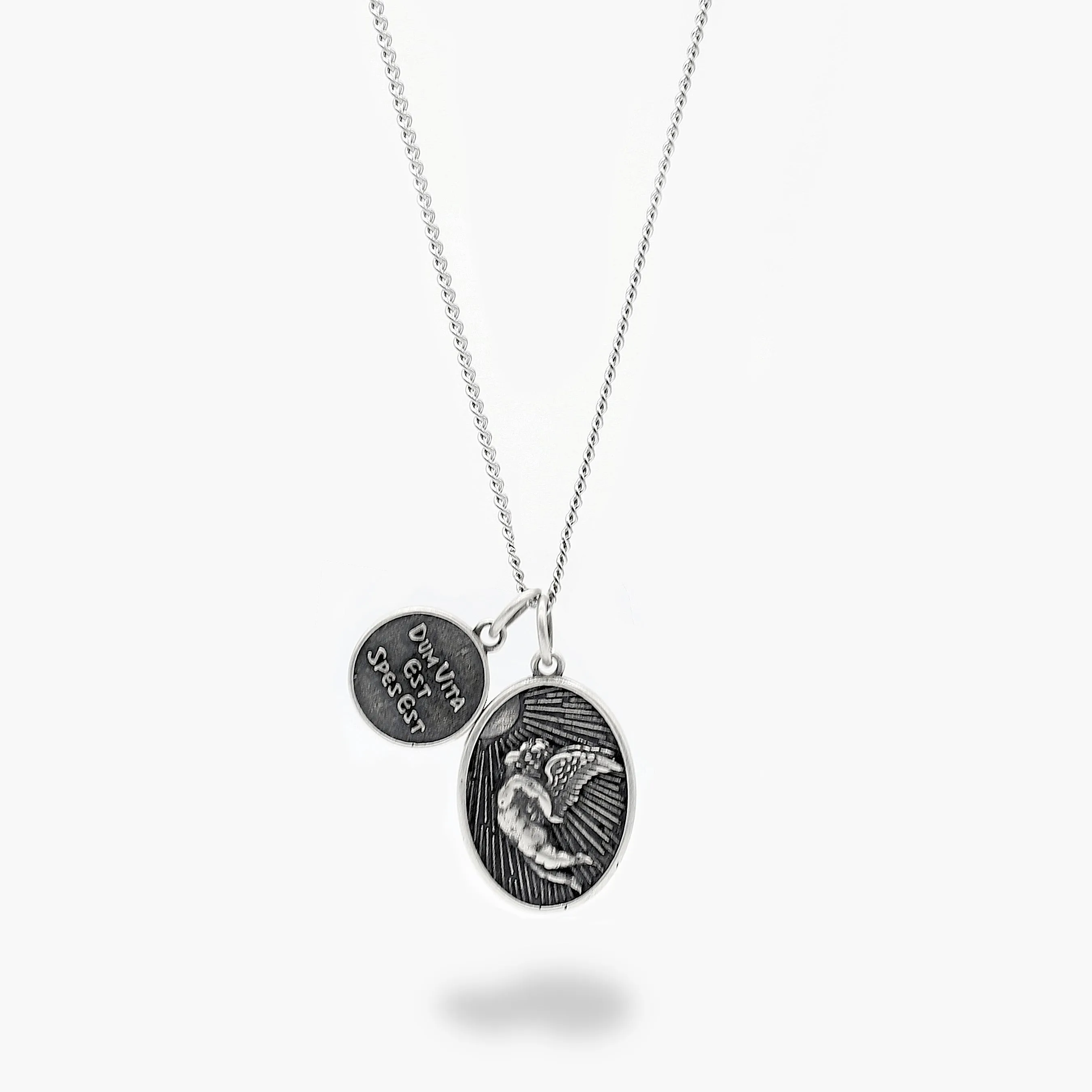 "Dum Vita Est - Spes Est" Flying Angel Silver Necklace