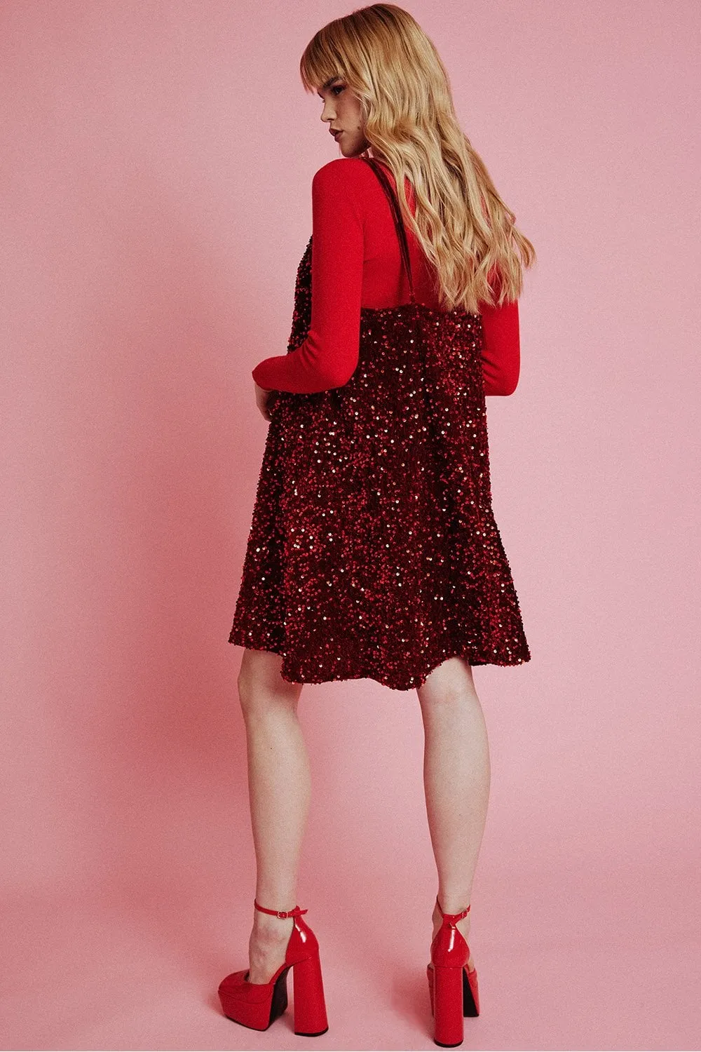 Red Sequin Cami Swing Dress