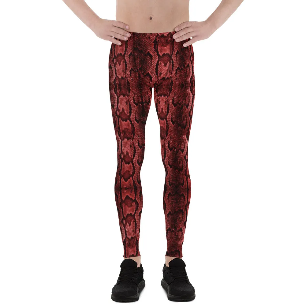 Red Snake Print Men's Leggings, Snake Skin Python Style Meggings Tights For Men - Made in USA/EU