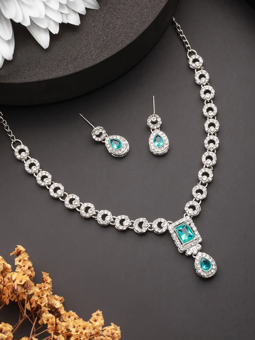 Rhodium-Plated Green Stone & Cz Studded Jewellery Set