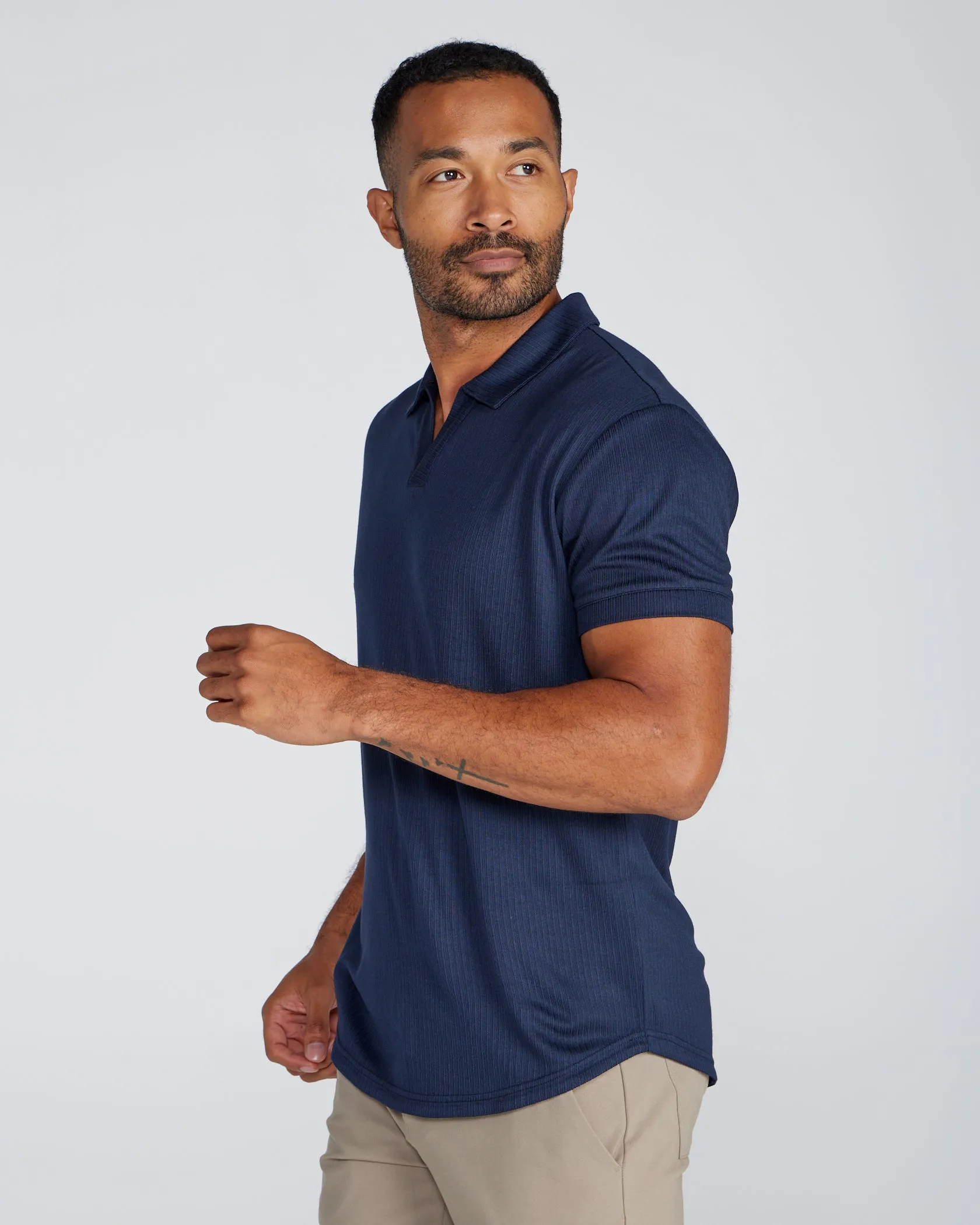 Ribbed Short Sleeve Open V Polo