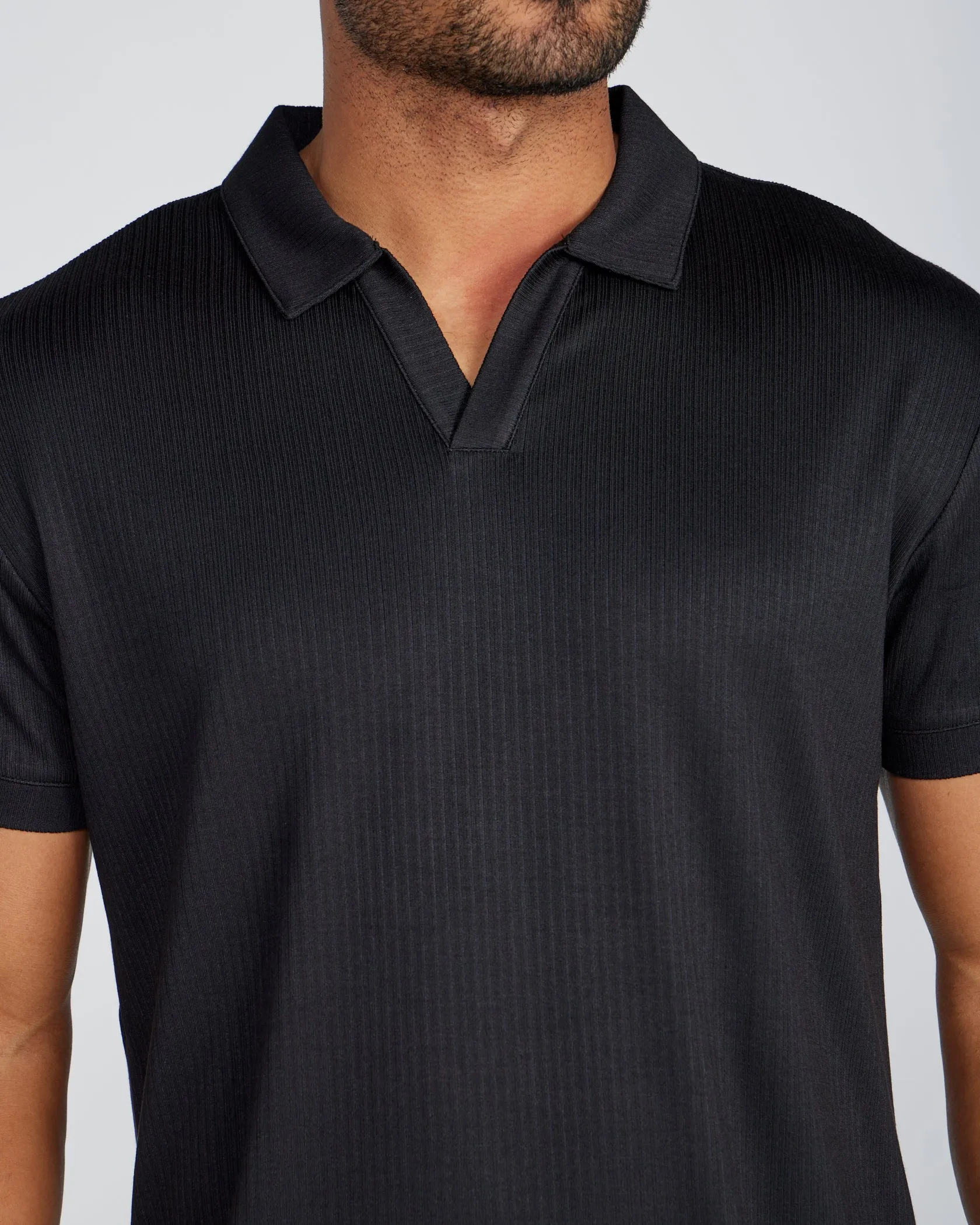 Ribbed Short Sleeve Open V Polo