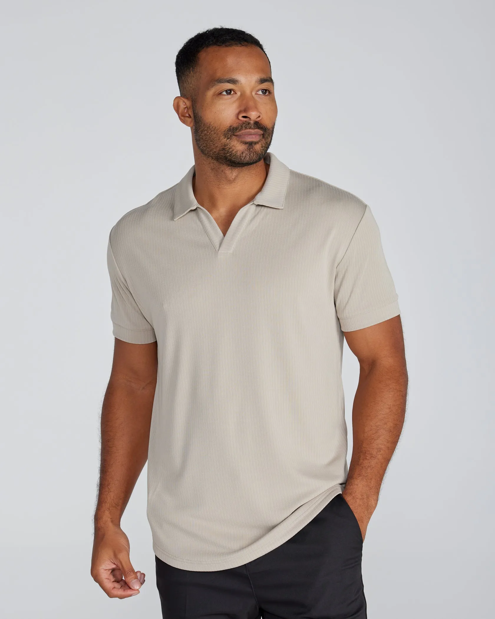 Ribbed Short Sleeve Open V Polo