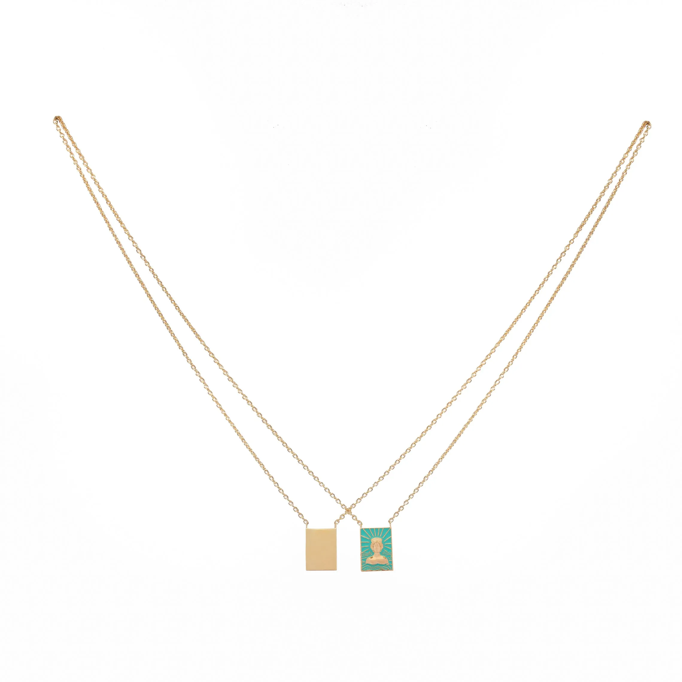 Tanit & Cactus Flower Double Enamel Tag Necklace, Gold Vermeil