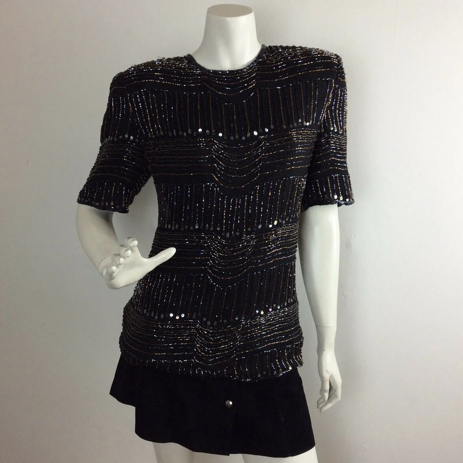 VINTAGE 1970’S BLACK TOP, BRONZE, BLACK, BEADS, SEQUINS, DISCO / EVENIN, 12 14