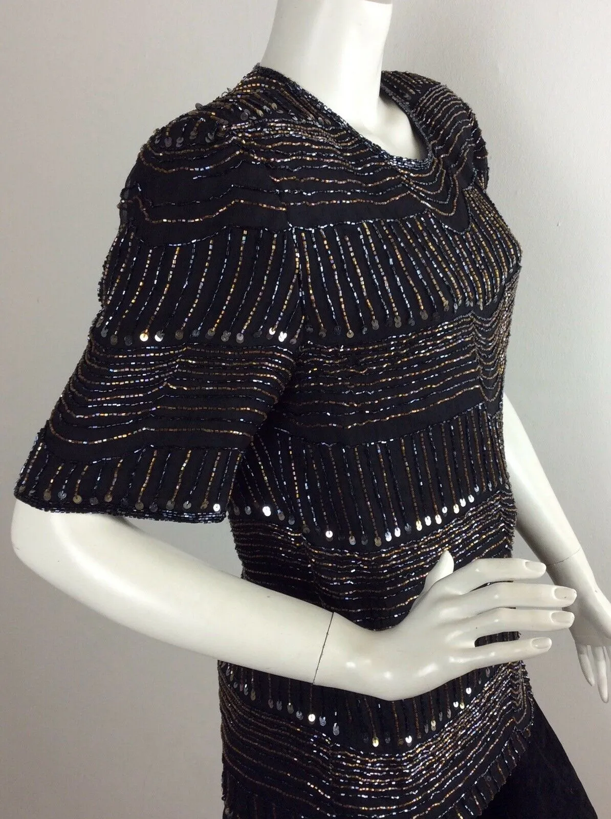 VINTAGE 1970’S BLACK TOP, BRONZE, BLACK, BEADS, SEQUINS, DISCO / EVENIN, 12 14